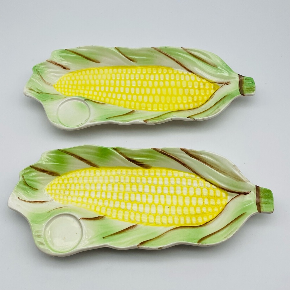 Set Of 2 Dishes Vintage Corn On The Cob Holders Plates Ceramic.